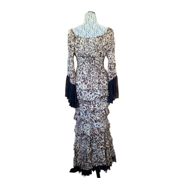 Marrika Nakk Silk Chiffon Leopard Peasant Top and Tiered Skirt Set Brown, Size S - Picture 4 of 12